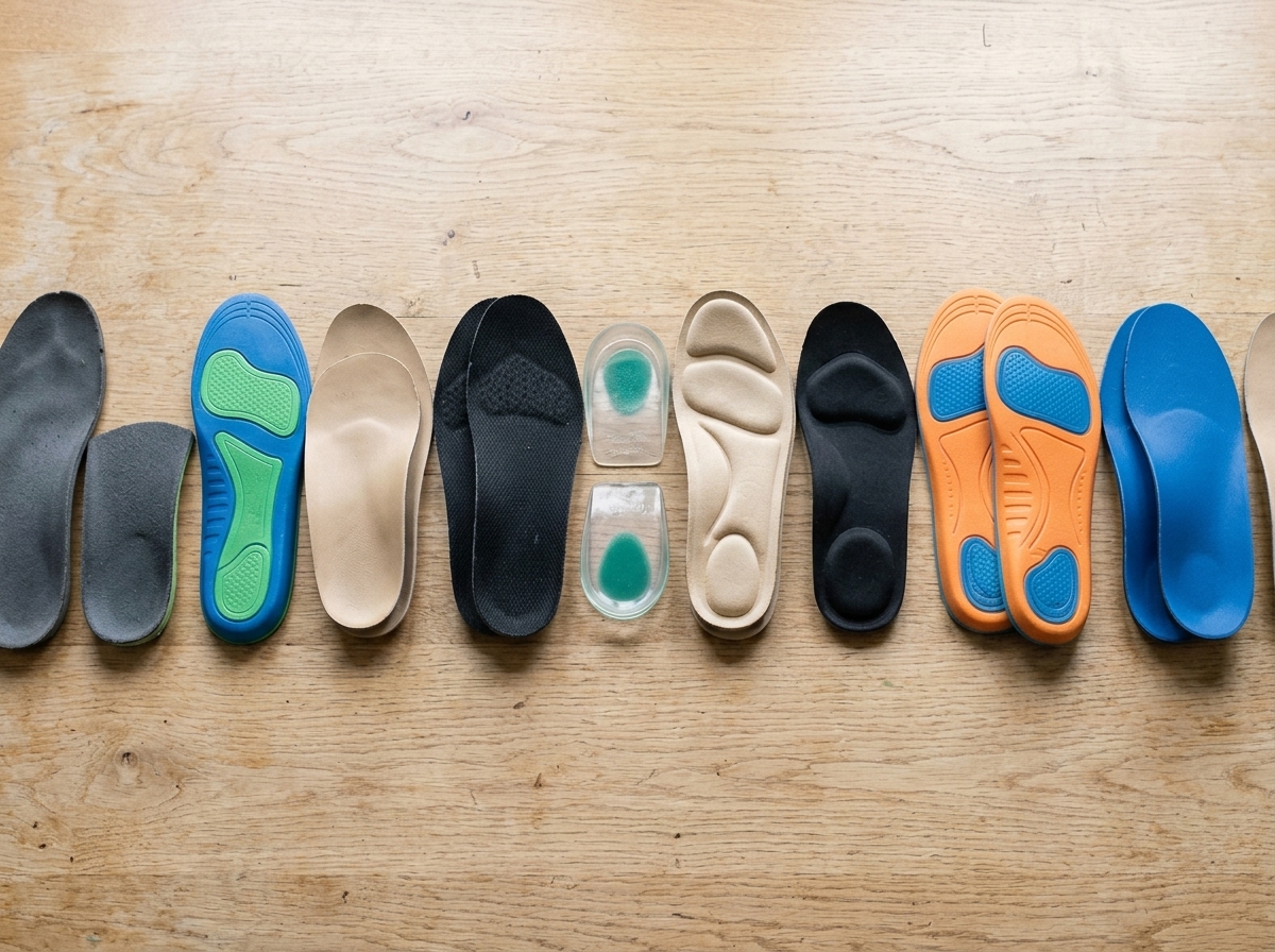 Various generic insoles and orthotics lined up on a table — foam, gel, arch supports, and heel cups