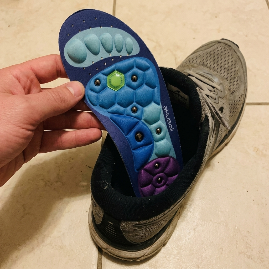 Customer photo: Akusoli insoles held in hand showing pressure points