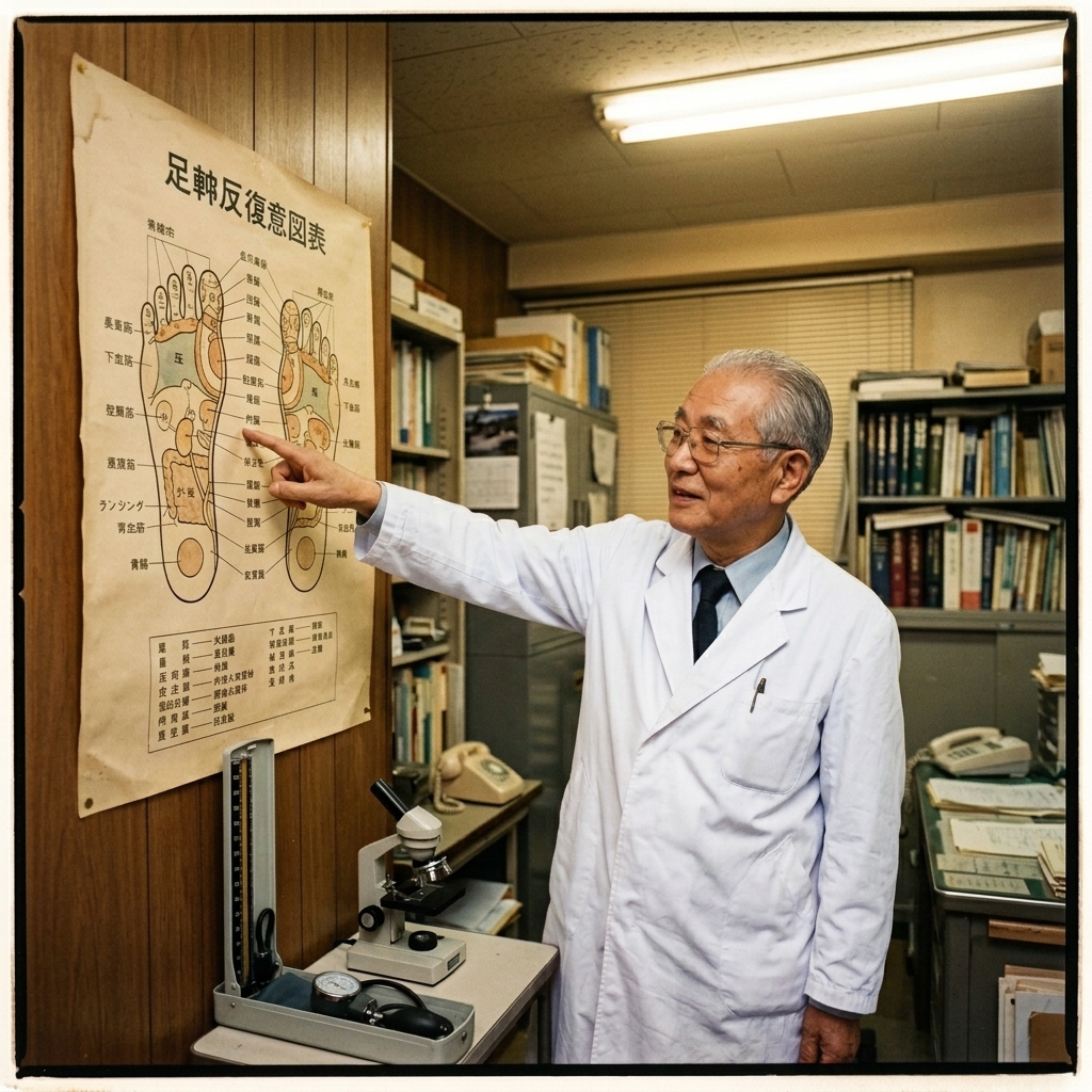 Archival 1987 photograph of Dr. Hiroshi Nakamura in a pristine white lab coat pointing to a vintage foot reflexology chart in his medical office