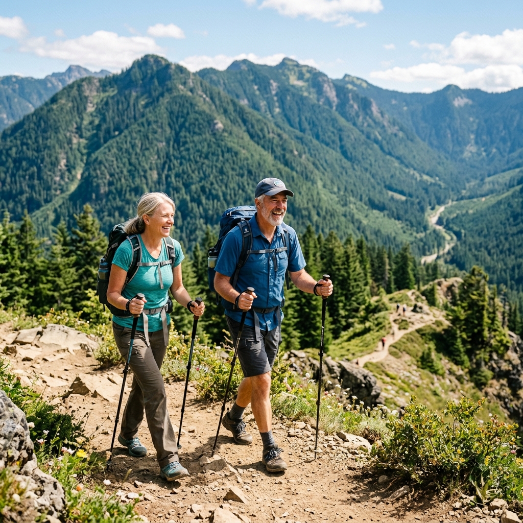 Happy couple hiking on a scenic trail, enjoying active lifestyle