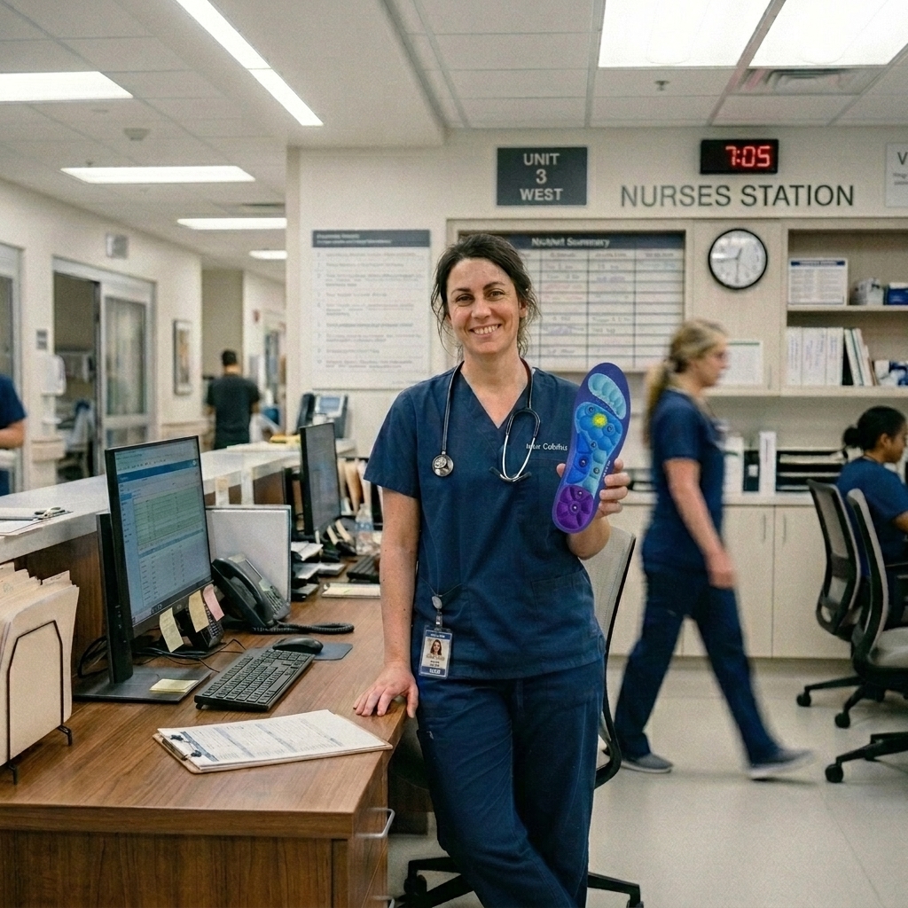 Smiling nurse at hospital station holding up Akusoli magnetic acupressure insoles showing the distinctive textured surface